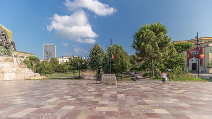 Panorama showing the Skanderbeg memorial and Ethem Bey mosque on the main square in Tirana timelapse, Albania