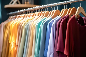 Obraz premium Colorful and vibrant clothes hanging in shop retail.