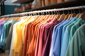 Colorful and vibrant clothes hanging in shop retail. - obrazy, fototapety, plakaty