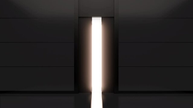 Opening elevator metal doors in dark interior hall office or house. Realistic 3d animation.