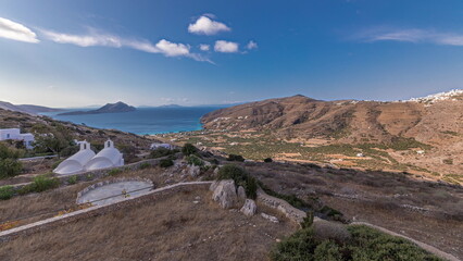 Panorama showing Amorgos island aerial timelapse from above. Greece
