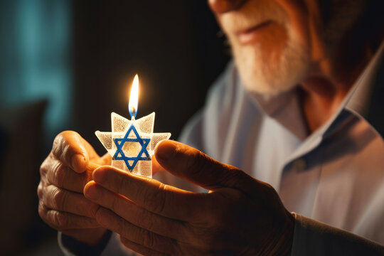 Elderly man holding in hands burning candle with star of David. International Holocaust Remembrance Day concept. Memory day January 27 Commemorating the Holocaust