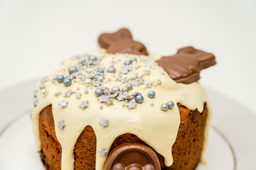 Traditional ukrainian easter cake on white table. Happy easter, spring holiday