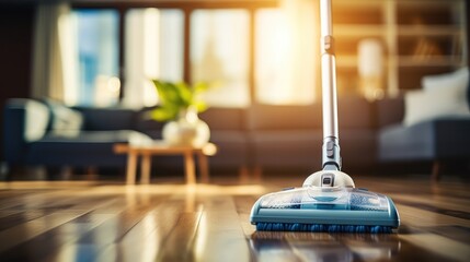 Floor cleaning with mop with vacuum cleaner at home. - obrazy, fototapety, plakaty