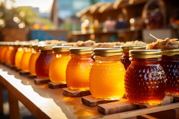 Jars of honey at a local market stall - obrazy, fototapety, plakaty