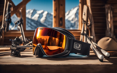 Closeup on a pair of skis, ski poles, a ski helmet and ski googles - obrazy, fototapety, plakaty