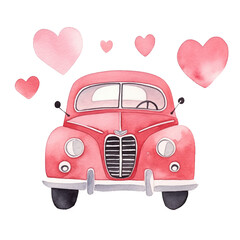 Love Car Watercolor Clipart for Valentine's Day, Digital Design of Creative Holiday Celebration Couple, Romantic Vintage Wedding Illustration with Heart Balloon