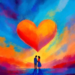  Concepto de San Valentín pareja con globos de corazones en un cielo vibrante, pintura al óleo