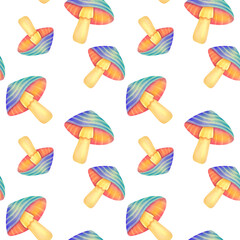magical neon fairy mushrooms background. Bright unusual Fantastic alien Vibrant groovy, funky fungus seamless pattern. watercolor botanical clip art cut out illustration