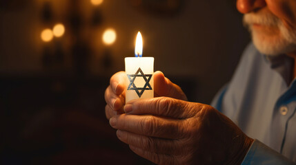 With a burning candle that bears the Star of David, an elderly man emphasizes the significance of International Holocaust Remembrance Day. January 27 is remembered as Memory Day. Banner, copy space - obrazy, fototapety, plakaty