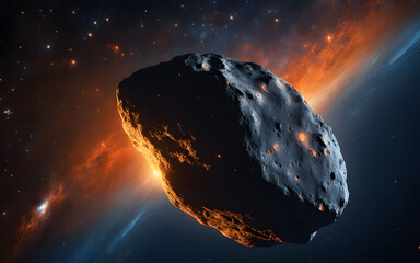 Closeup on an asteroid with orange and blue light reflects disintegrating in space, with a sky full of stars - obrazy, fototapety, plakaty