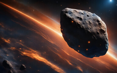 Closeup on an asteroid with orange and blue light reflects disintegrating in space, with a sky full of stars