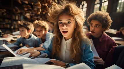 Obraz premium Group of young students doing homework in library at school, Busy.