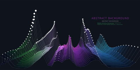 Abstract background waves color graphs from dots and lines on poly on dark. Technology wireframe helix concept in virtual space. Big Data. Banner for business, science and technology data analytics.