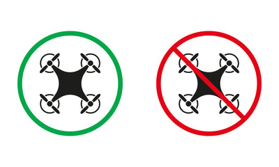 Drone Zone Warning Signs. Remote Control Quadcopter Silhouette Icons Set. Unmanned Camera Allowed, Aerial Camera Prohibited Symbols. Isolated Vector Illustration