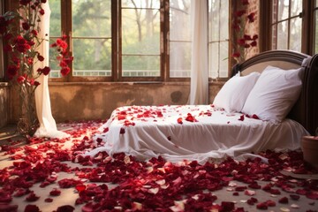 A white bed strewn with red petals