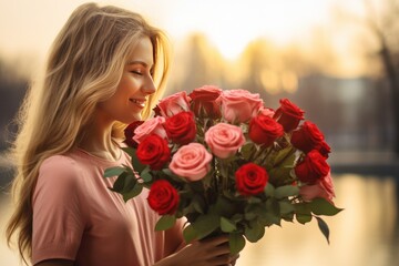 A girl with a bouquet of red and pink roses