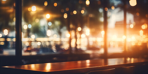 Empty outdoor café table at night with blurred street bokeh and reflections, perfect web background The night light in a party when people is enjoying and laughing Beautiful blur background  AI Genera - obrazy, fototapety, plakaty