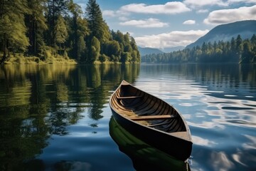 landscape with lake and wooden boat. - obrazy, fototapety, plakaty