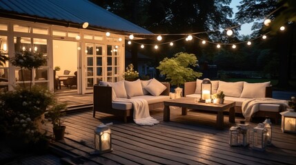 The patio of beautiful house with lights in the garden. - obrazy, fototapety, plakaty