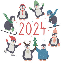 Christmas frame with cute cartoon winter penguins playing and having fun with warm clothes waiting for holidays. Winter happy little characters for decoration and greeting cards. Ready for Christmas