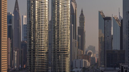 Dubai International Financial district aerial timelapse during sunrise