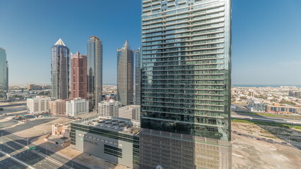 Panorama showing business bay district skyline with modern architecture timelapse from above.