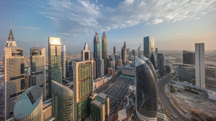 Skyline view of the high-rise buildings on Sheikh Zayed Road in Dubai aerial all day timelapse, UAE. - obrazy, fototapety, plakaty