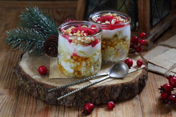 New Year's dessert on wooden background