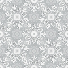 Vector hand drawn geometric Christmas seamless pattern with white vintage snowflakes on silvery background