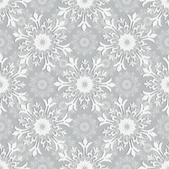Vector hand drawn geometric Christmas seamless pattern with white vintage snowflakes on silvery background