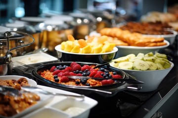food in bowls at breakfast buffet restaurant at hotel closeup