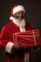 Dark-skinned Santa Claus with a gift on a simple monochrome background8