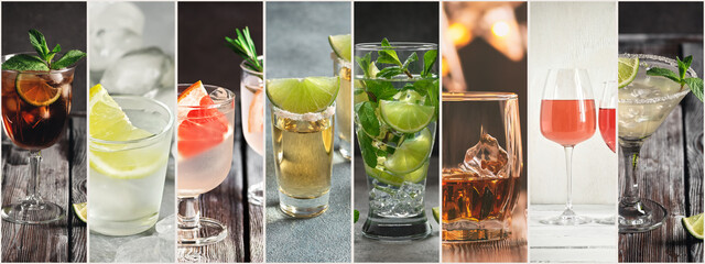 Photo collage of various alcoholic drinks. Popular drinks and cocktails.