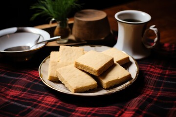stack of classic Scottish shortbread on the table with tea or coffee