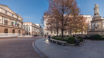 Panorama showing theater La Scala timelapse and a monument to Leonardo da Vinci