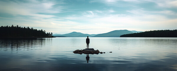 One lonely man standing on a small island of a vast lake, gazing into the horizon, looking at the calm lake and the forest on the other side. - obrazy, fototapety, plakaty