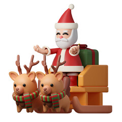 3d Christmas santa claus riding on reindeer sleigh icon. minimal decorative festive conical shape tree. New Year's holiday decor .Icon isolated on white background. 3d illustration