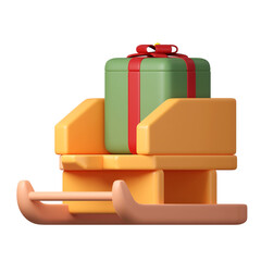 3d Christmas Santa sleigh with gift icon. minimal decorative festive conical shape tree. New Year's holiday decor. 3d design element In cartoon style. Icon isolated on white background illustration