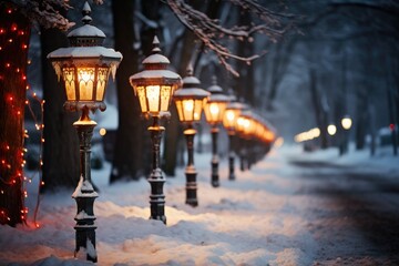 Snowy street charm inviting glow of christmas lights on lamps, xmas images