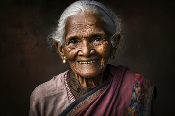Portrait of a smiling elderly Indian woman - obrazy, fototapety, plakaty