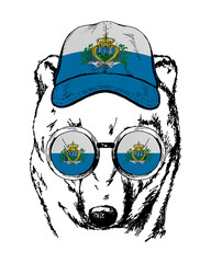 Brown bear's hand drawn portrait. Patriotic sublimation in colors of national flag on white background. San Marino