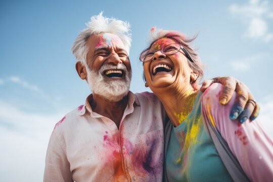 Senior couple of Indian ethnicity  celebrating Holi festival with colours in the outdoor
