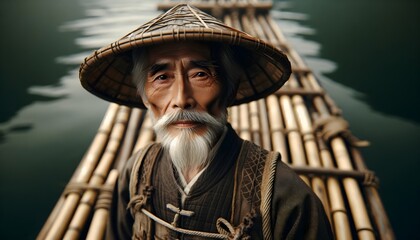 Portrait of an Elderly Chinese Fisherman on a Bamboo Raft - obrazy, fototapety, plakaty