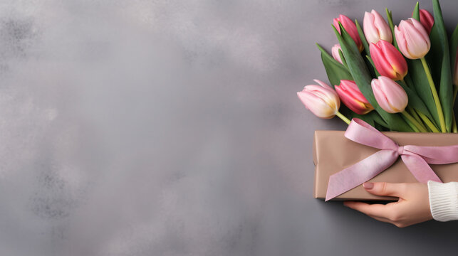 Woman's hand holding craft gift and bouquet of tulips