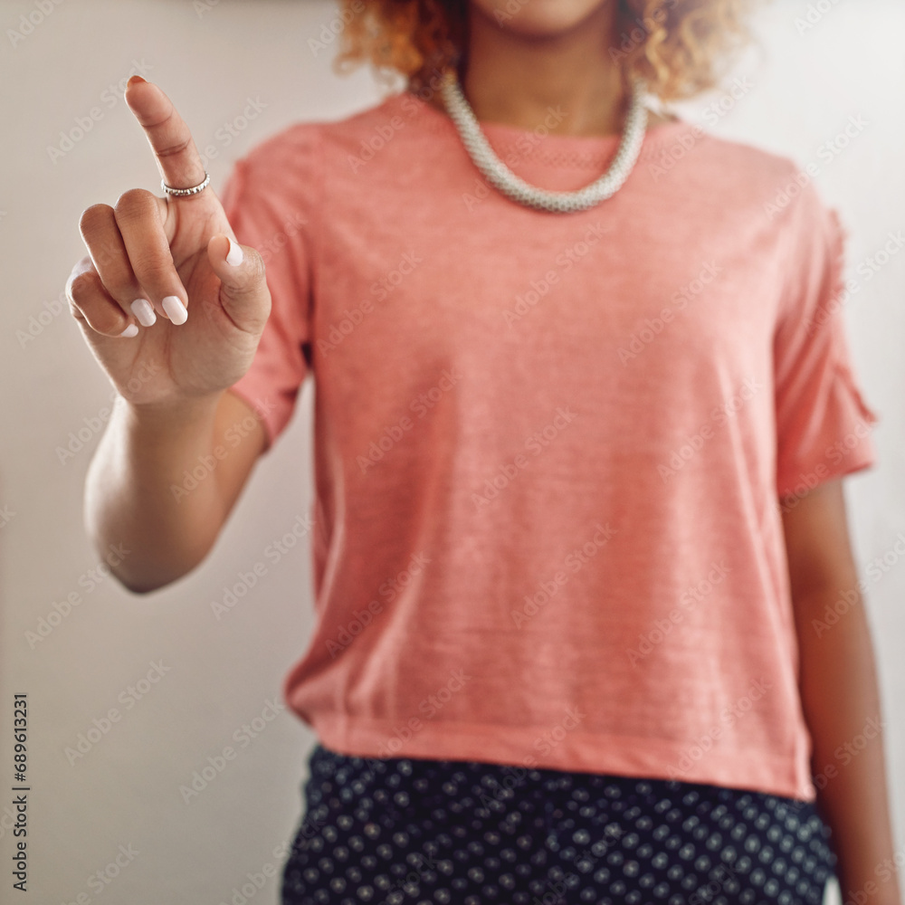 Poster woman, hand or finger for user interface or login system to internet access network or digital futur