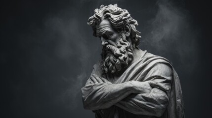 muscular statue of a greek philosopher on a cloudy background