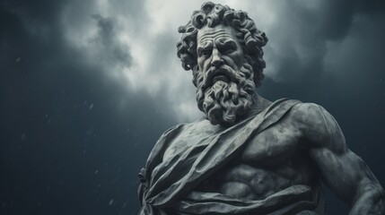muscular statue of a greek philosopher on a cloudy background - obrazy, fototapety, plakaty