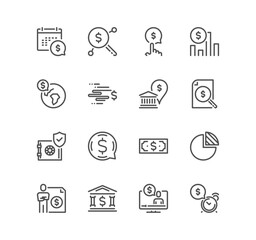 Set of banking and finance icons, financial report, mortgage inspection, bank safe, money saving and linear variety vectors.