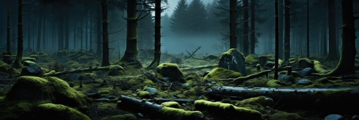 Deep forest at night, Landscape old trees with mossy ground.